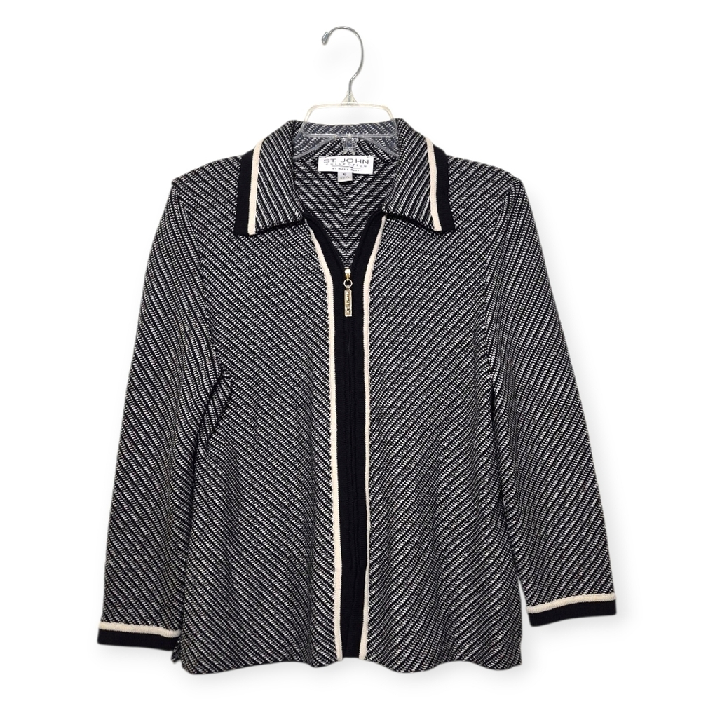 ST. JOHN Knit Full Zip Jacket Sweater Black White Size 6